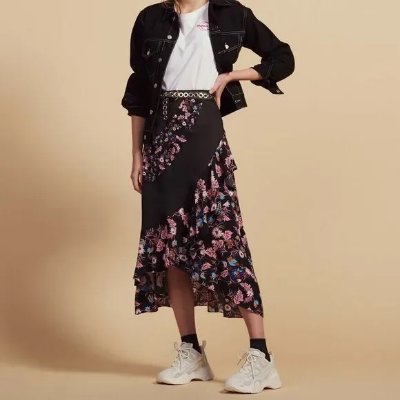 Sandro Paris Black Floral Asymmetrical Ruffle Skirt Size 1 Small Romantic Midi - Picture 1 of 11